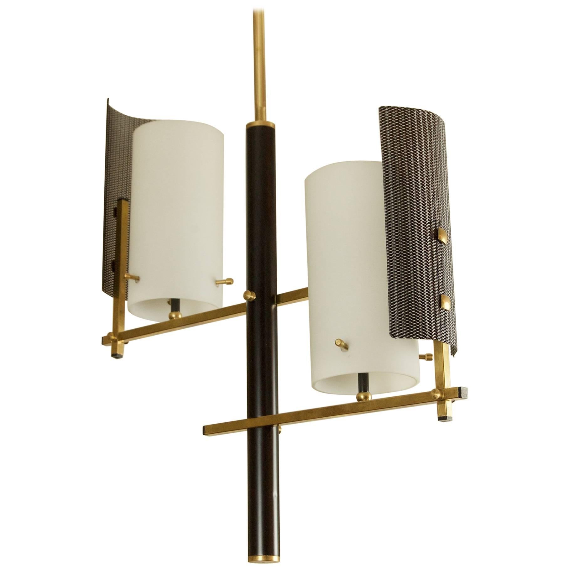 Brass and Black Enamel Pendant with Opal Covers in the Style of Stilnovo