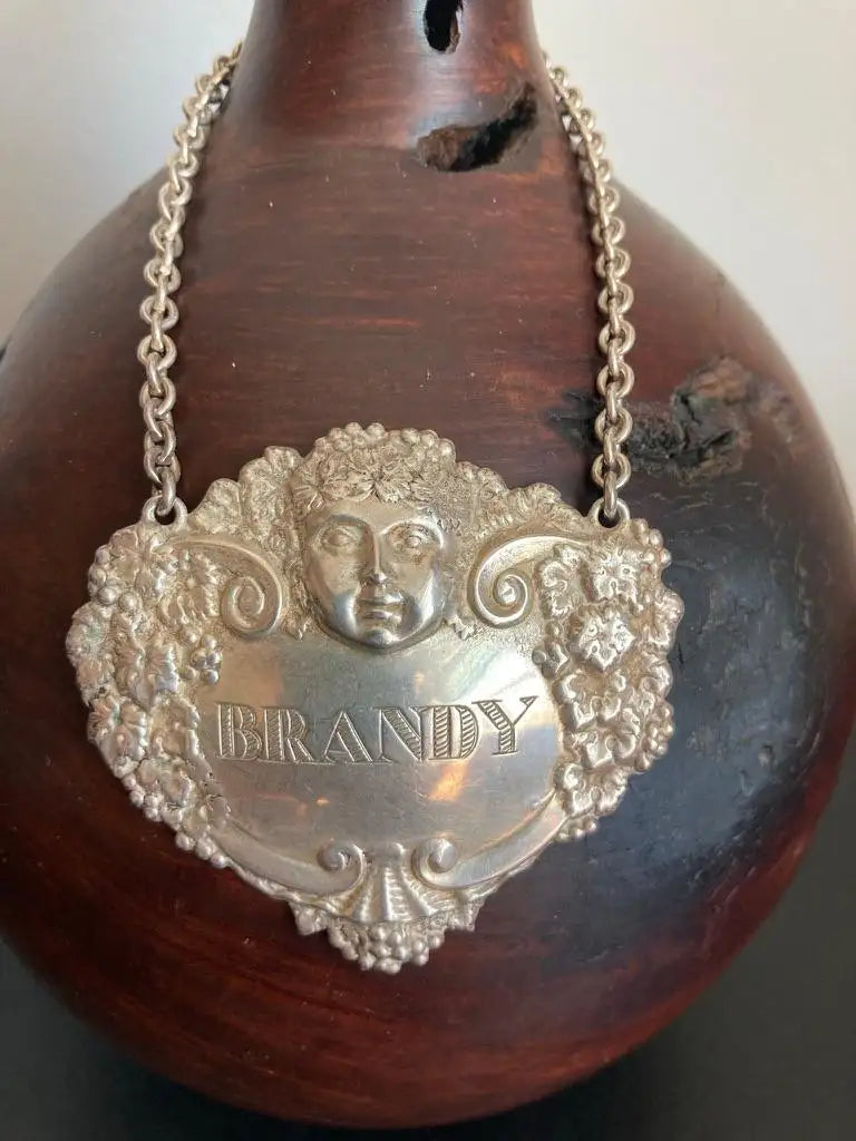 English Sterling Silver Brandy Carafe Label with Dionysus
