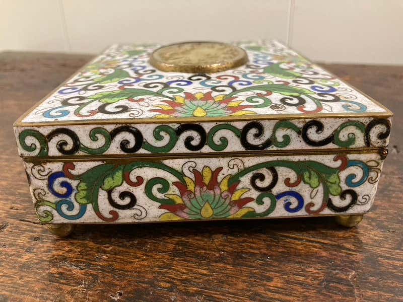 Chinese Cloisonne Box with Carved Jade Inset Medallion