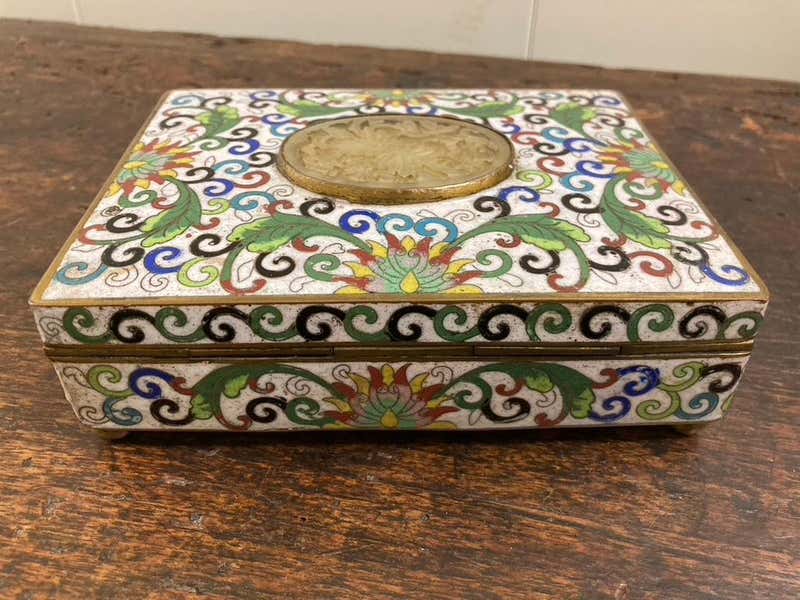 Chinese Cloisonne Box with Carved Jade Inset Medallion