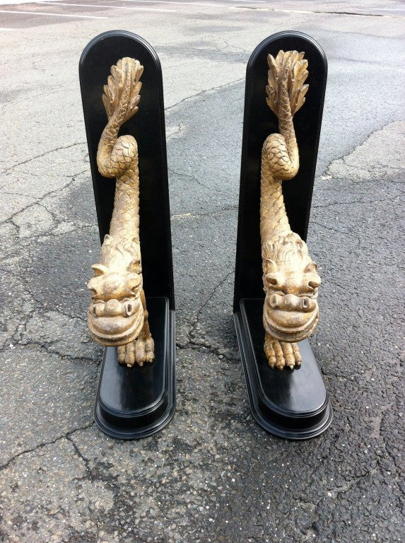 Pair Carved Giltwood Dragons