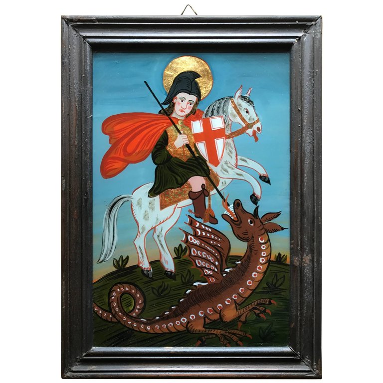 Reverse Glass Painting of Saint George and the Dragon