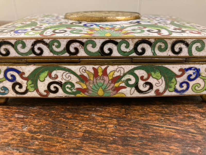 Chinese Cloisonne Box with Carved Jade Inset Medallion