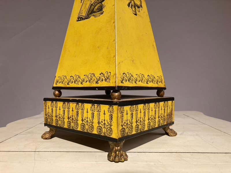 Italian Yellow Tole Obelisk Urn with Paw Feet