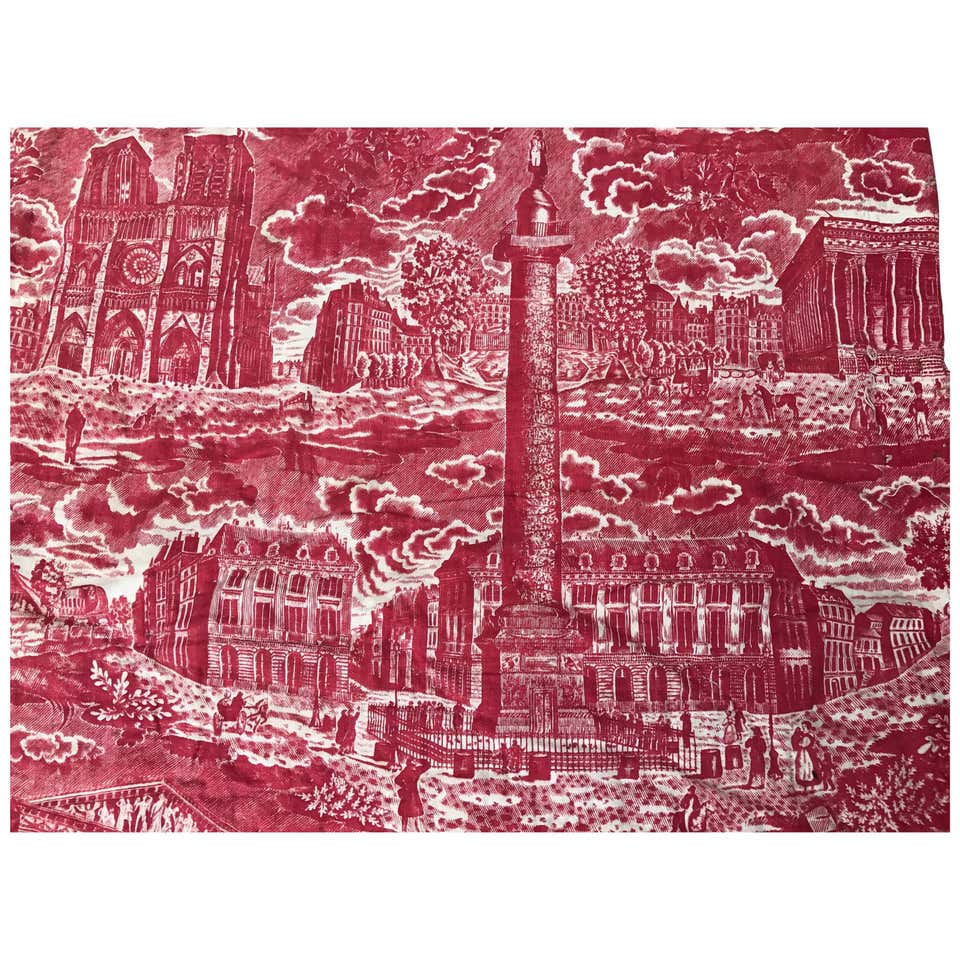 French Toile de Jouy Red and White Textile, Monuments of Paris