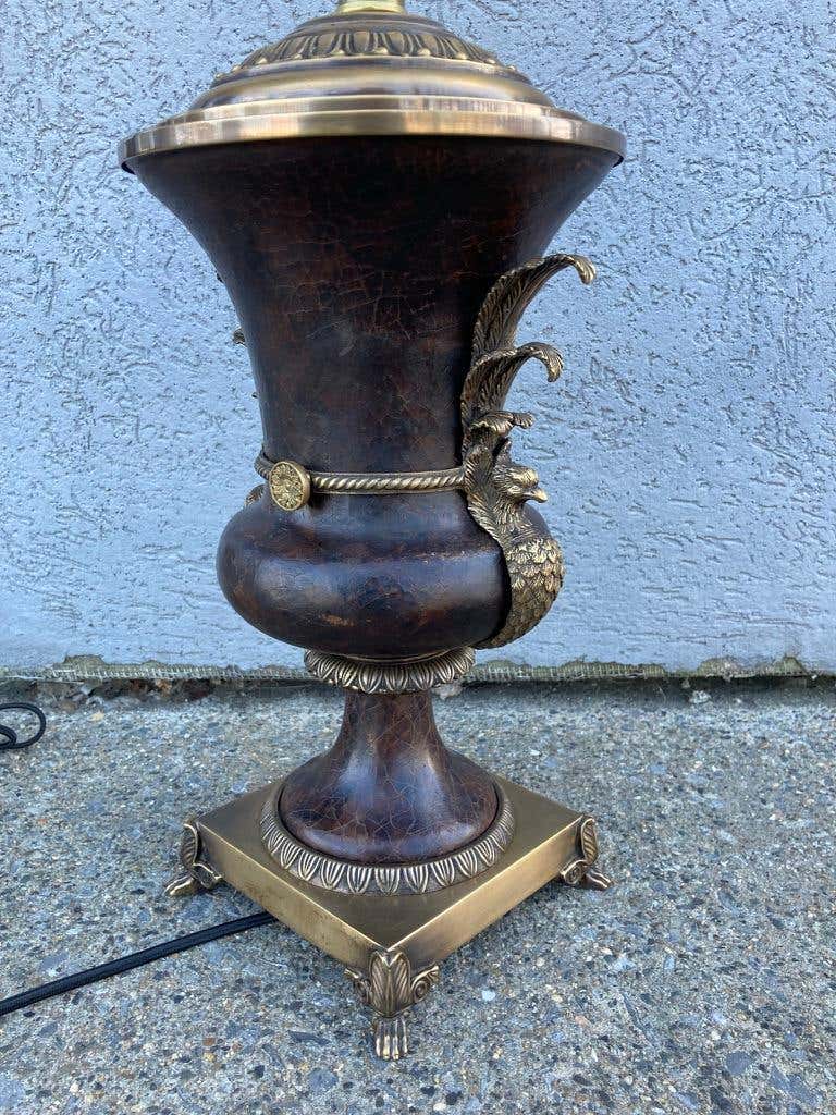 Russian Neoclassical Bronze and Leather Urn-Form Peacock Lamp