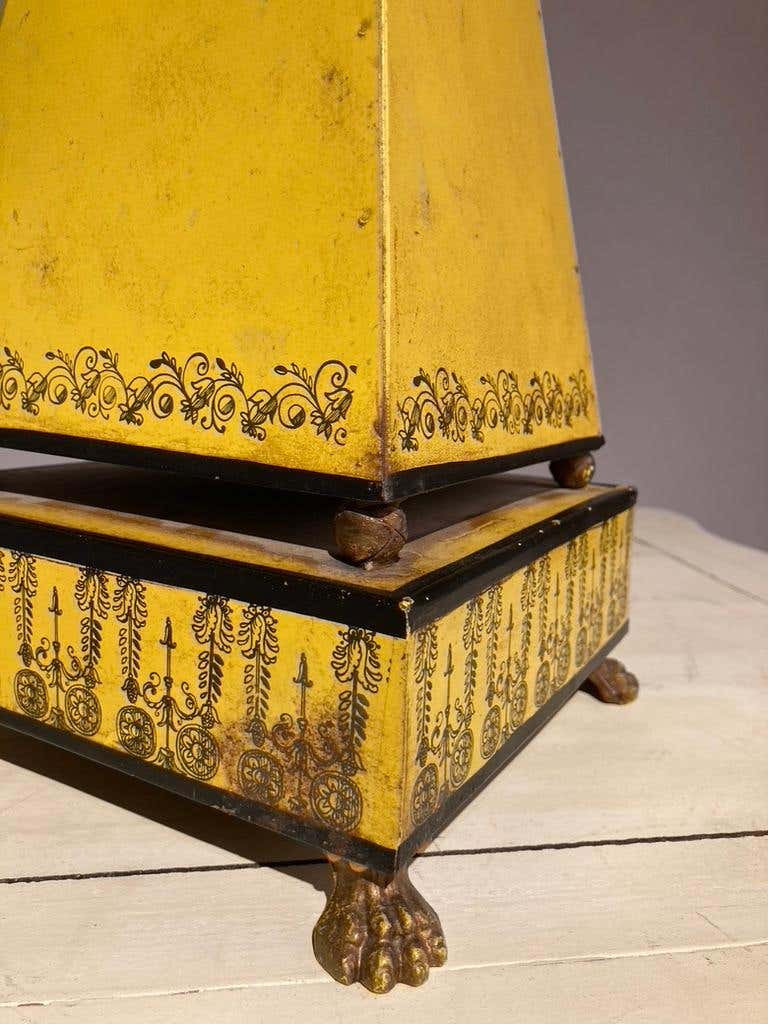 Italian Yellow Tole Obelisk Urn with Paw Feet