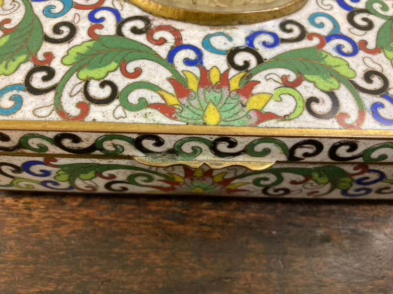 Chinese Cloisonne Box with Carved Jade Inset Medallion