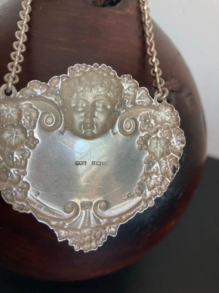 English Sterling Silver Brandy Carafe Label with Dionysus