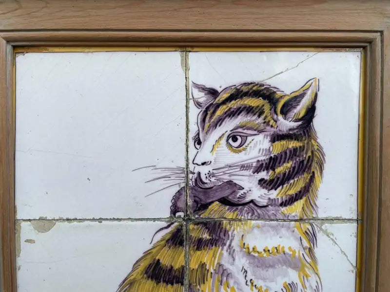 18th Century Dutch Tile Painting of a Cat with Mouse