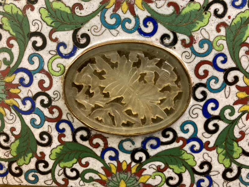 Chinese Cloisonne Box with Carved Jade Inset Medallion