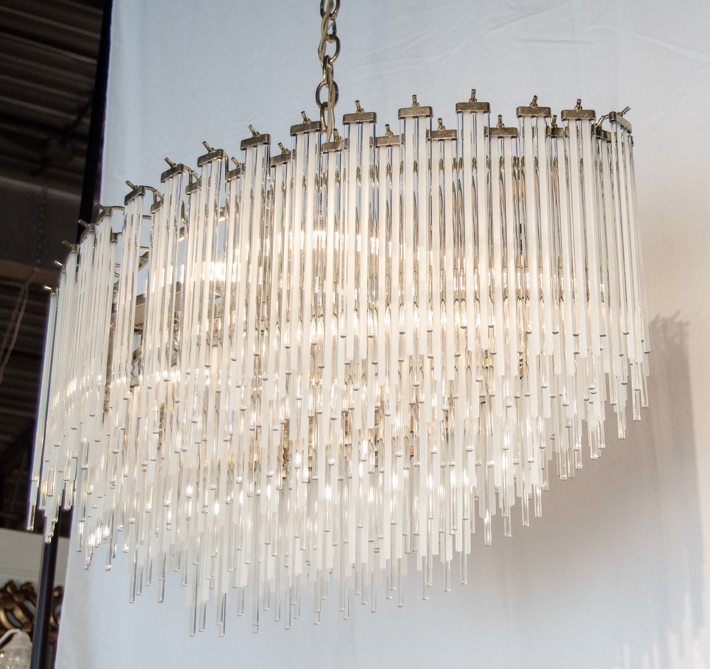 Clear & Frosted Prism Rod Brass Oblong Chandelierin the Manner of Gaetano