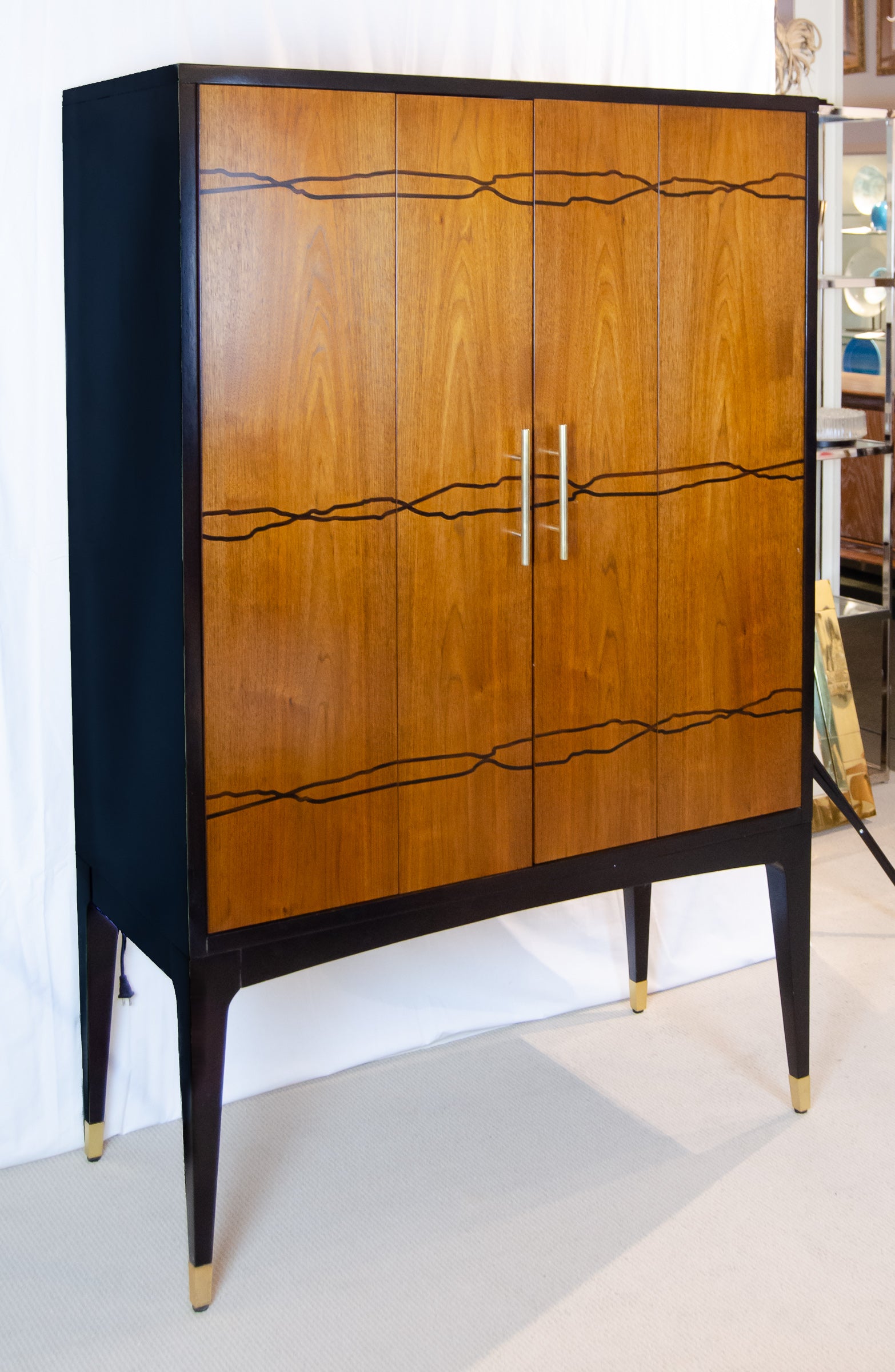 Contemporary Art Deco Influenced Inlaid Wood & Lacquer Bar Cabinet by Brownstone Furniture