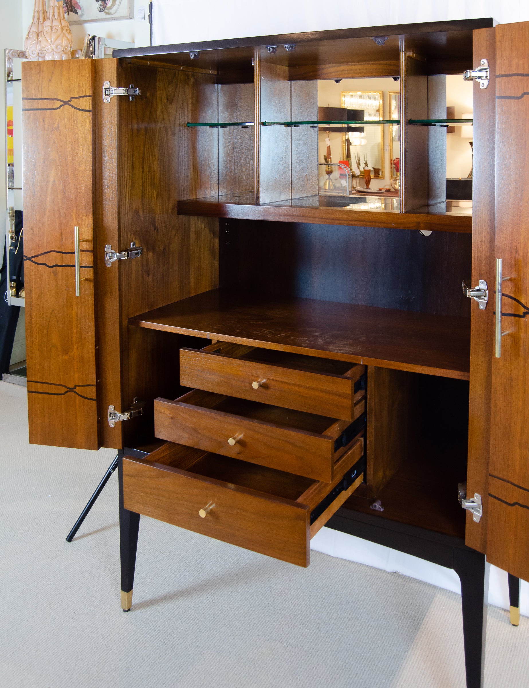 Contemporary Art Deco Influenced Inlaid Wood & Lacquer Bar Cabinet by Brownstone Furniture