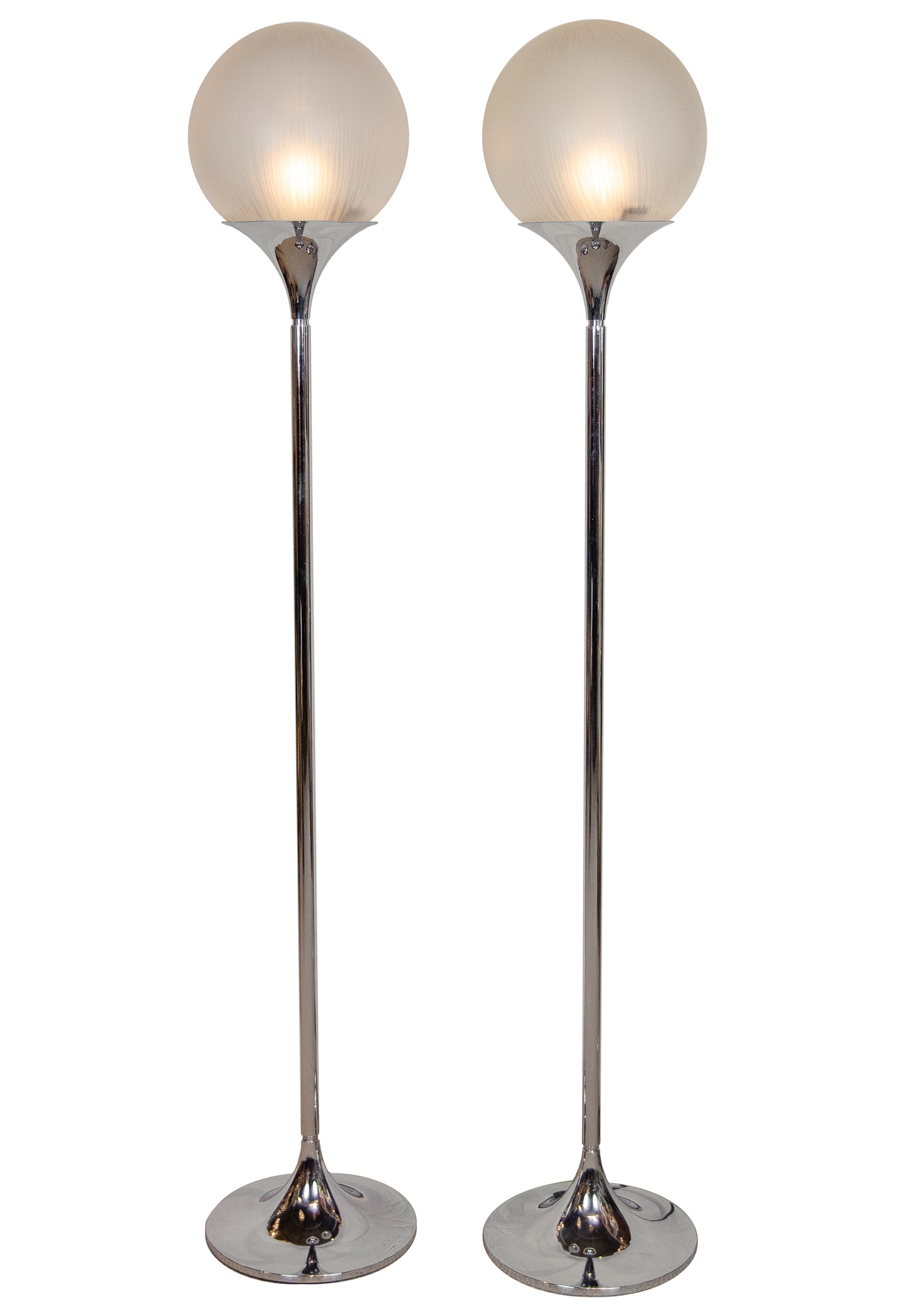 Pair of Chrome Floor Lamps with Opal Globe Shades by Elio Martinelli -Martinelli Luce