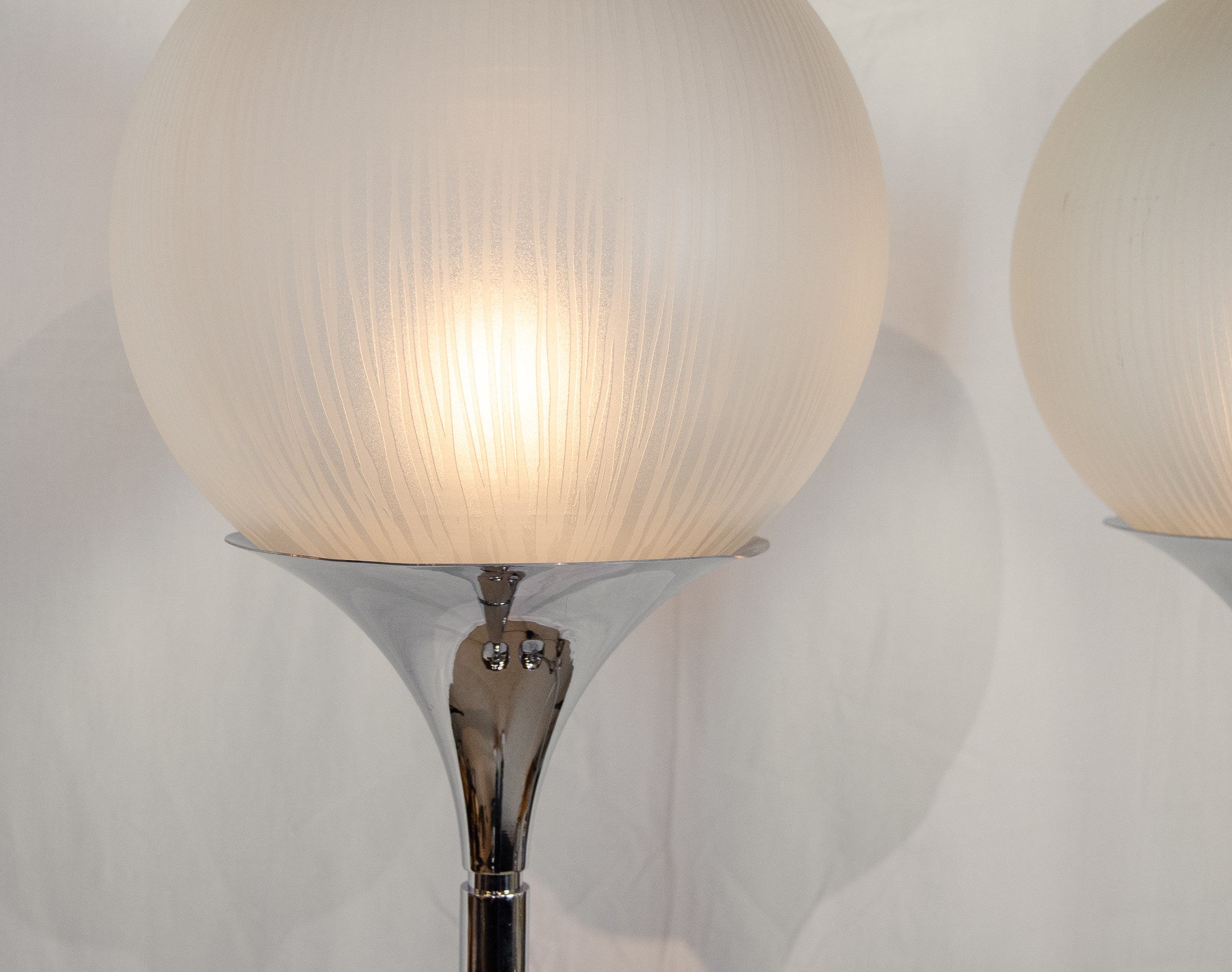 Pair of Chrome Floor Lamps with Opal Globe Shades by Elio Martinelli -Martinelli Luce