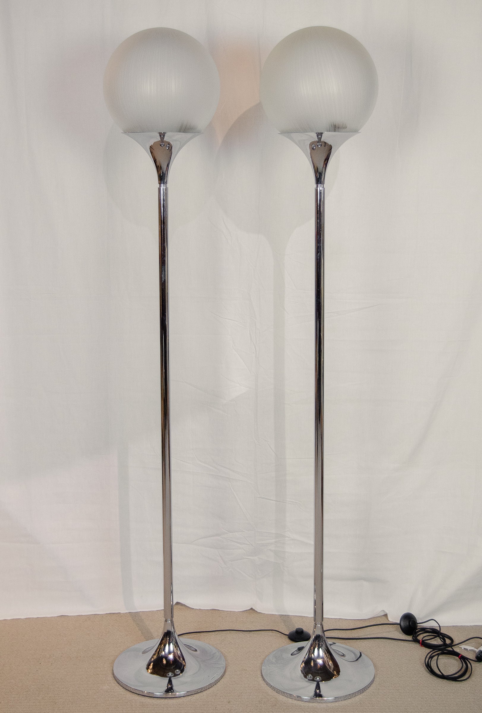 Pair of Chrome Floor Lamps with Opal Globe Shades by Elio Martinelli -Martinelli Luce