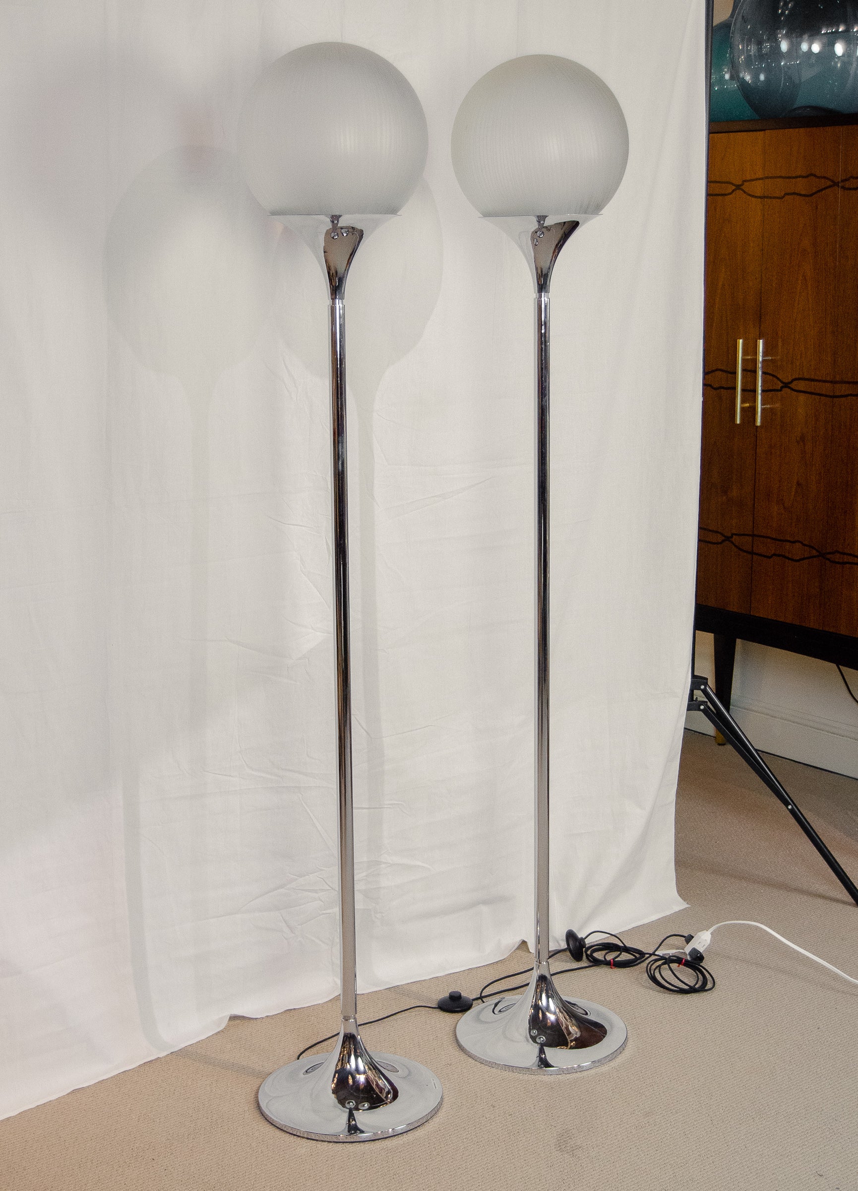 Pair of Chrome Floor Lamps with Opal Globe Shades by Elio Martinelli -Martinelli Luce