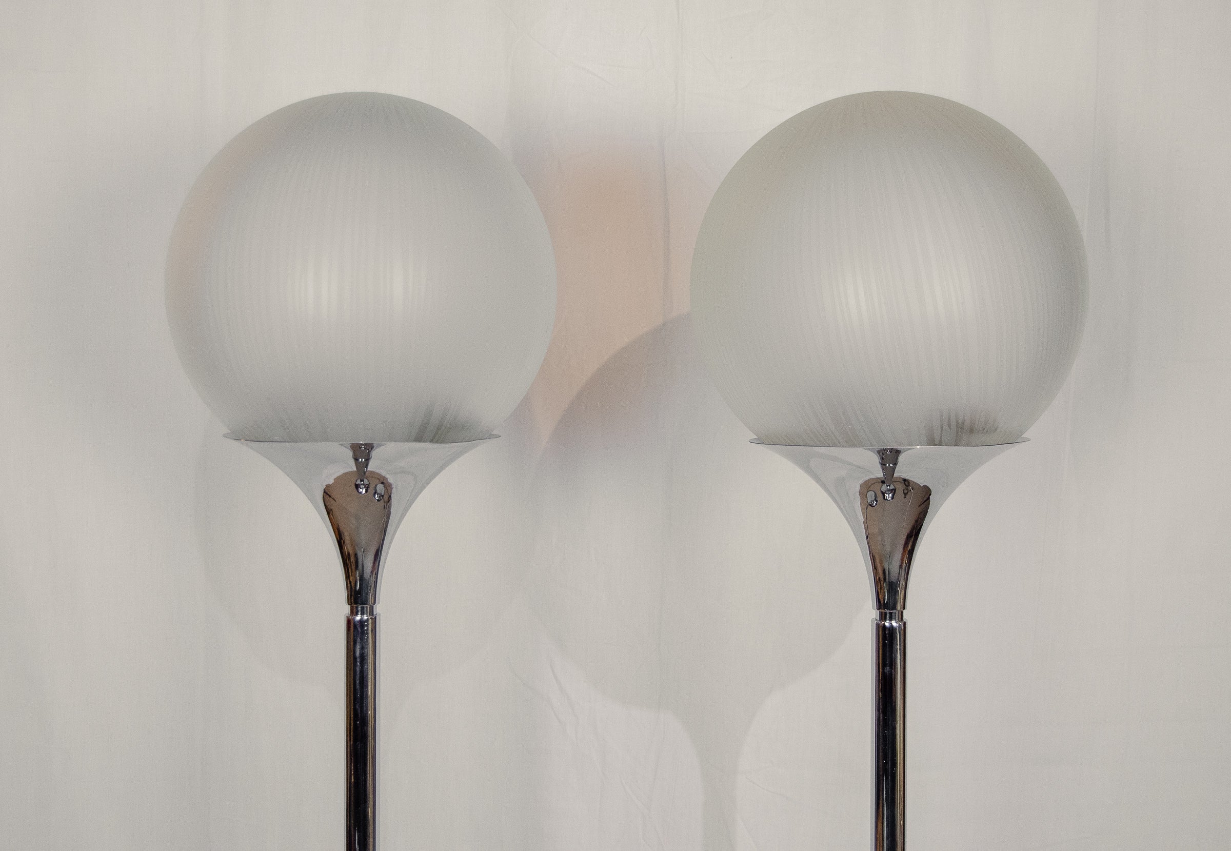 Pair of Chrome Floor Lamps with Opal Globe Shades by Elio Martinelli -Martinelli Luce
