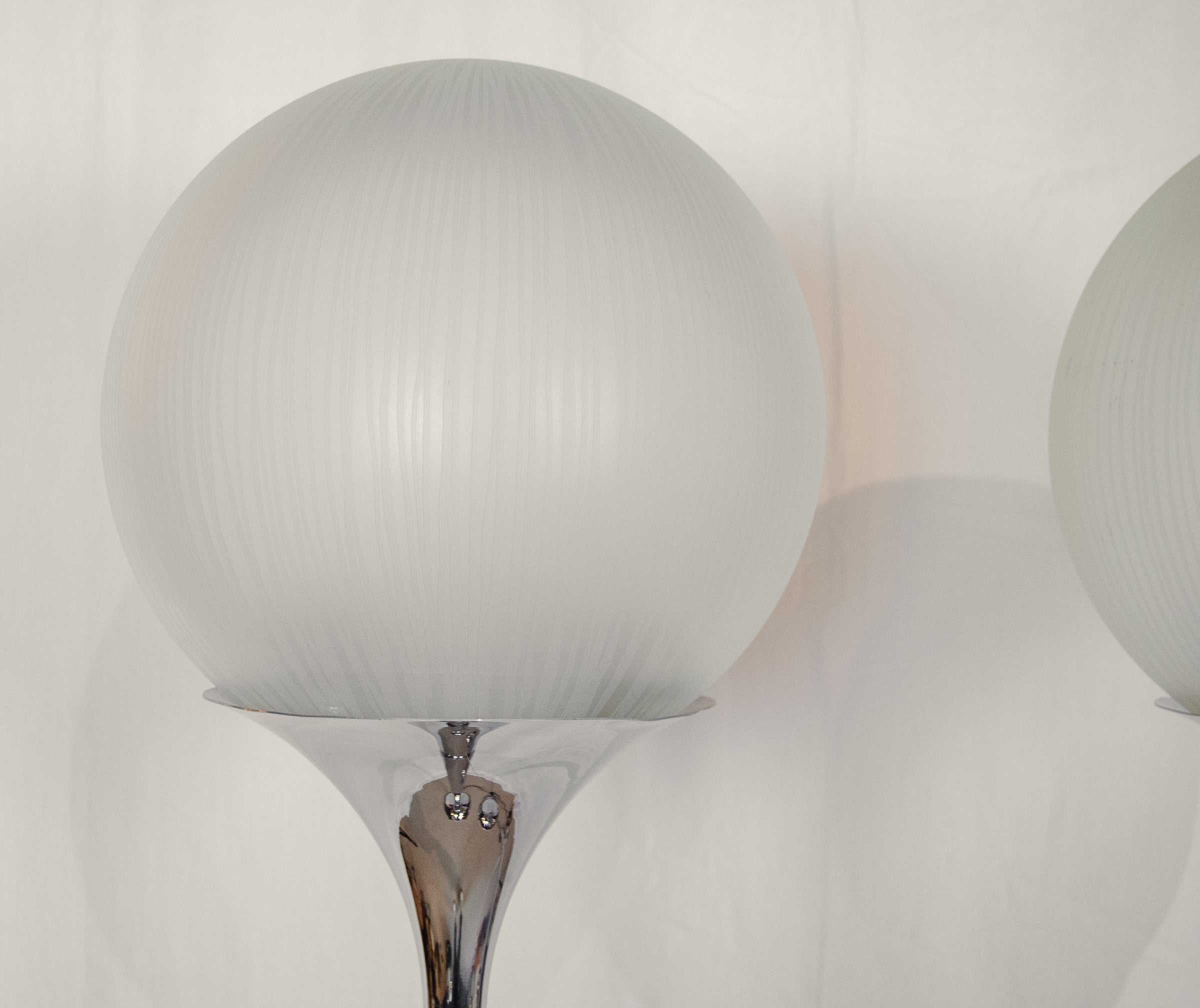 Pair of Chrome Floor Lamps with Opal Globe Shades by Elio Martinelli -Martinelli Luce