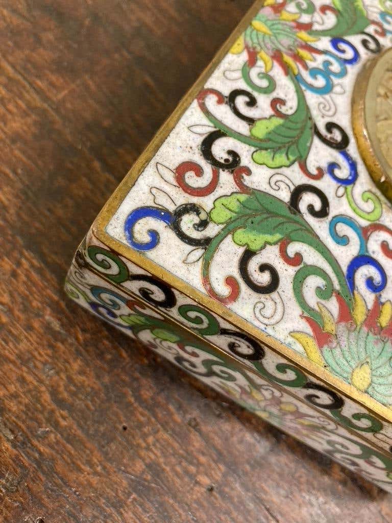 Chinese Cloisonne Box with Carved Jade Inset Medallion