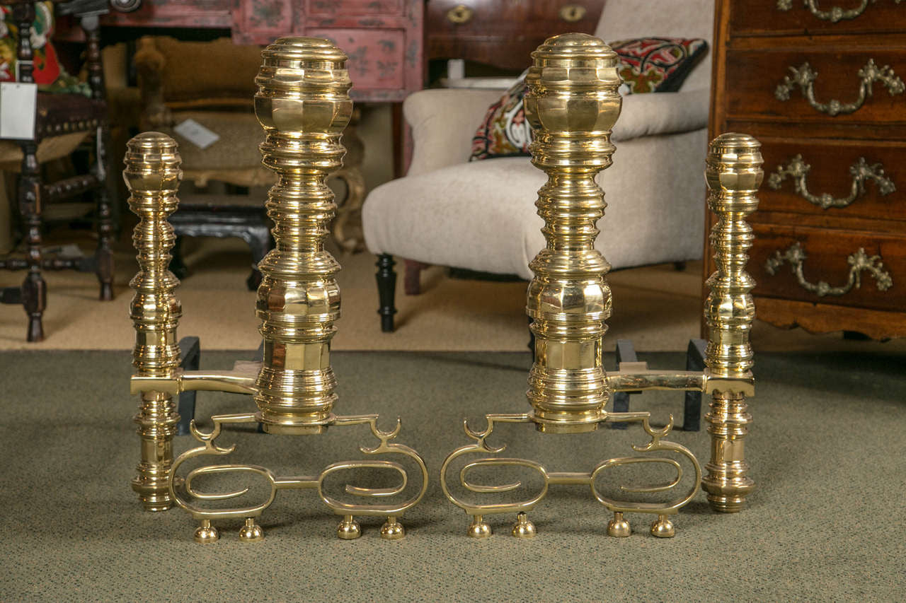 Pair of Monumental Brass Andirons