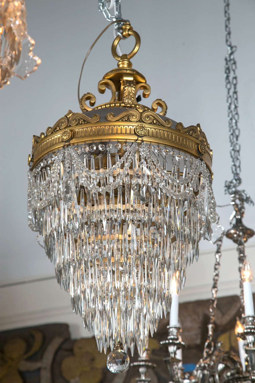 Pair of Bronze & Crystal Drop Chandeliers