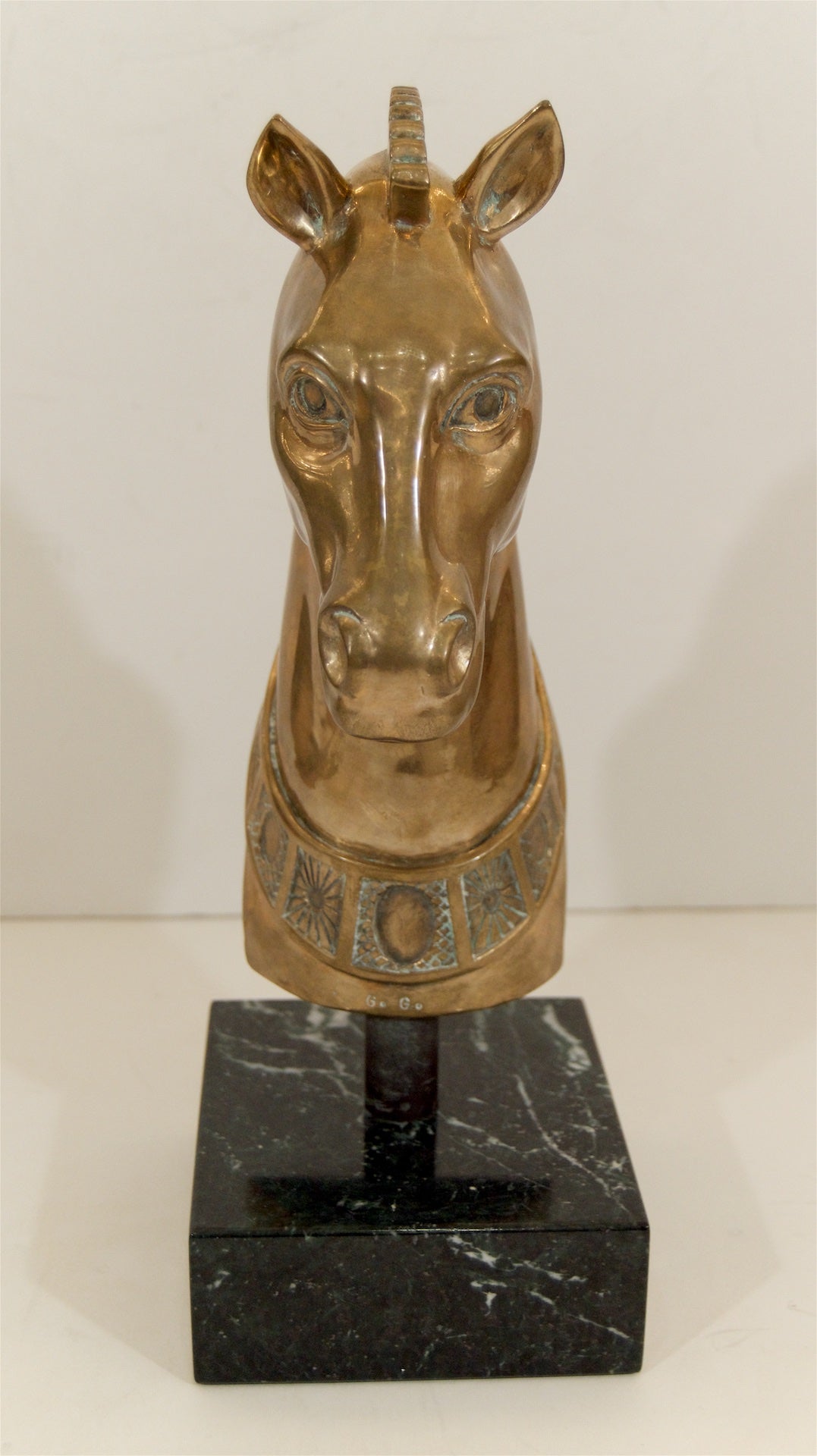 Brass Horse Head Sculpture on Marble Base