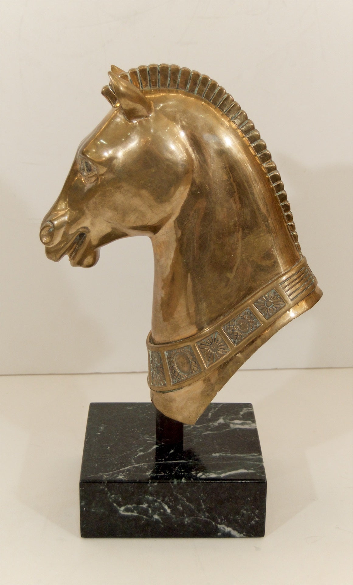 Brass Horse Head Sculpture on Marble Base