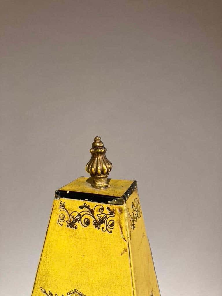 Italian Yellow Tole Obelisk Urn with Paw Feet