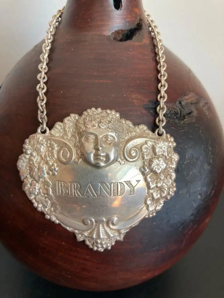English Sterling Silver Brandy Carafe Label with Dionysus