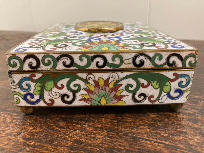 Chinese Cloisonne Box with Carved Jade Inset Medallion