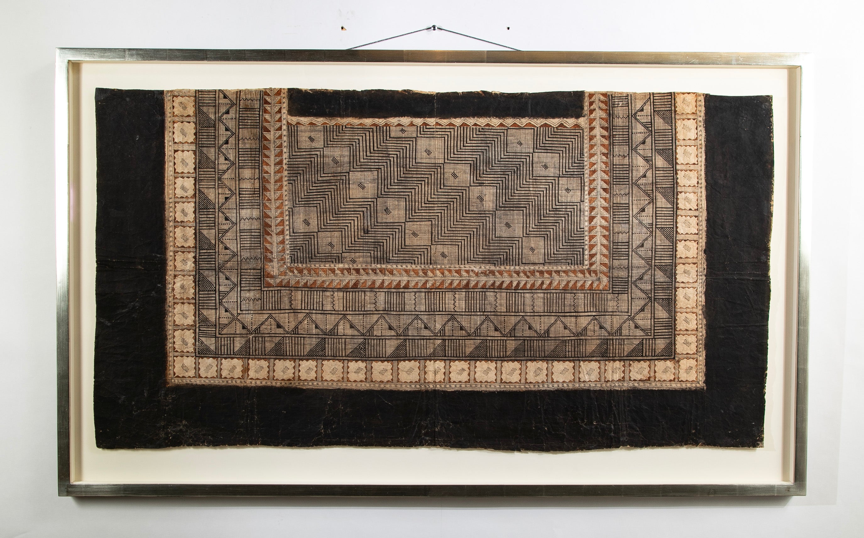 Framed French Polynesian Painted Tapa Cloth Panel
