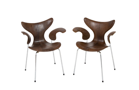 Pair of "Lily Seagull" Steel Frame & Leather Armchairs by Arne Jacobsen