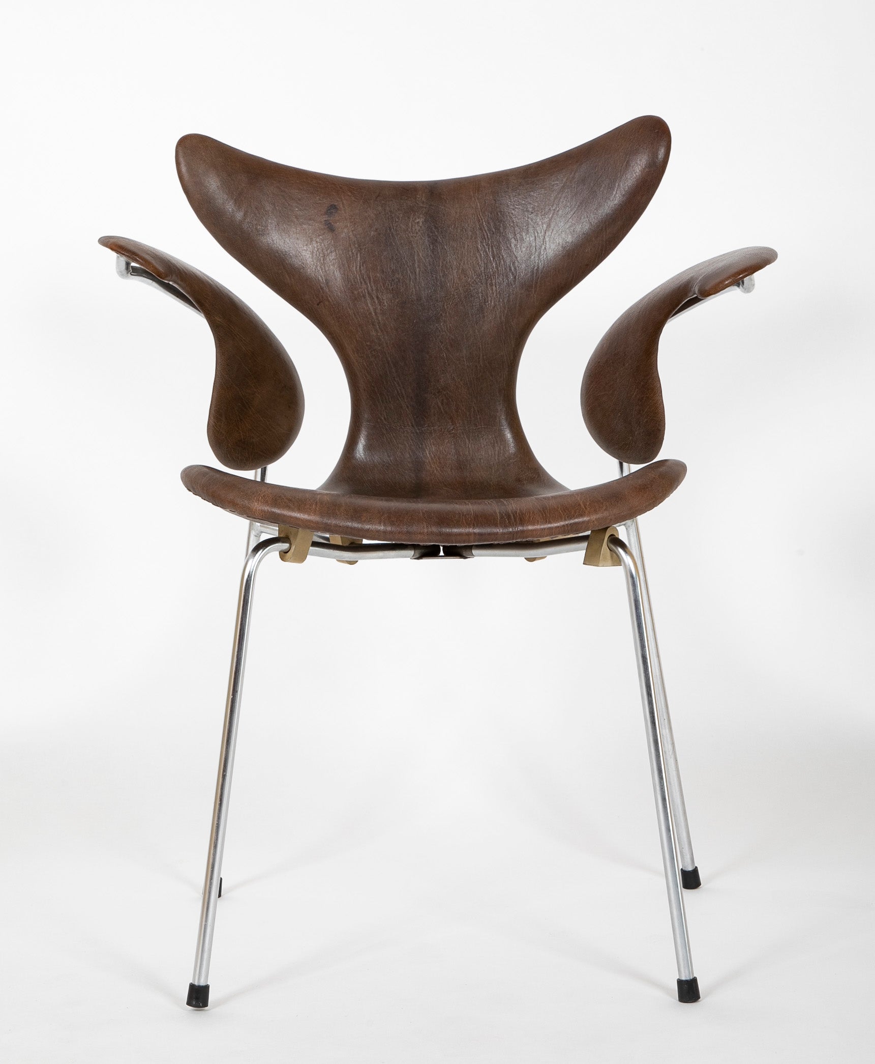 Pair of "Lily Seagull" Steel Frame & Leather Armchairs by Arne Jacobsen