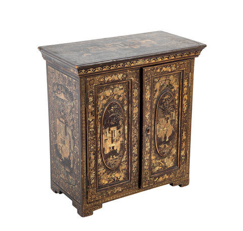 A Chinese Two Door Black Lacquered Table Top Chest