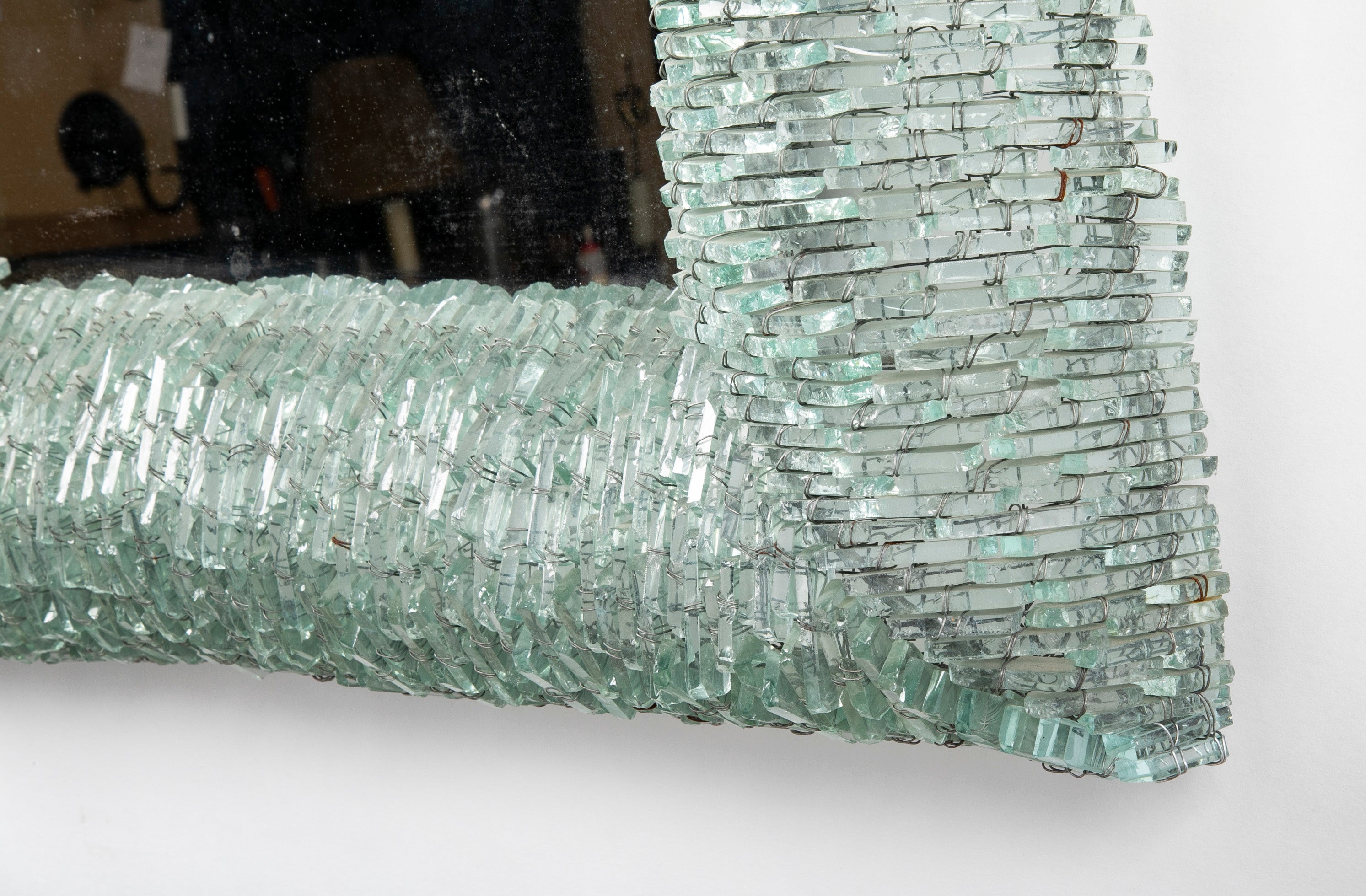 Mirror in Mid-Century Italian Frame Made of Segments of Light Blue Glass