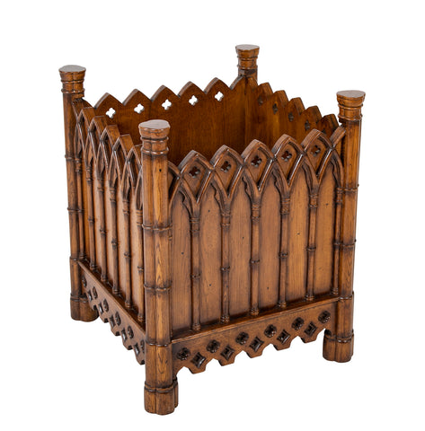 Lined Gothic Style Carved Oak Planter or Waste Basket