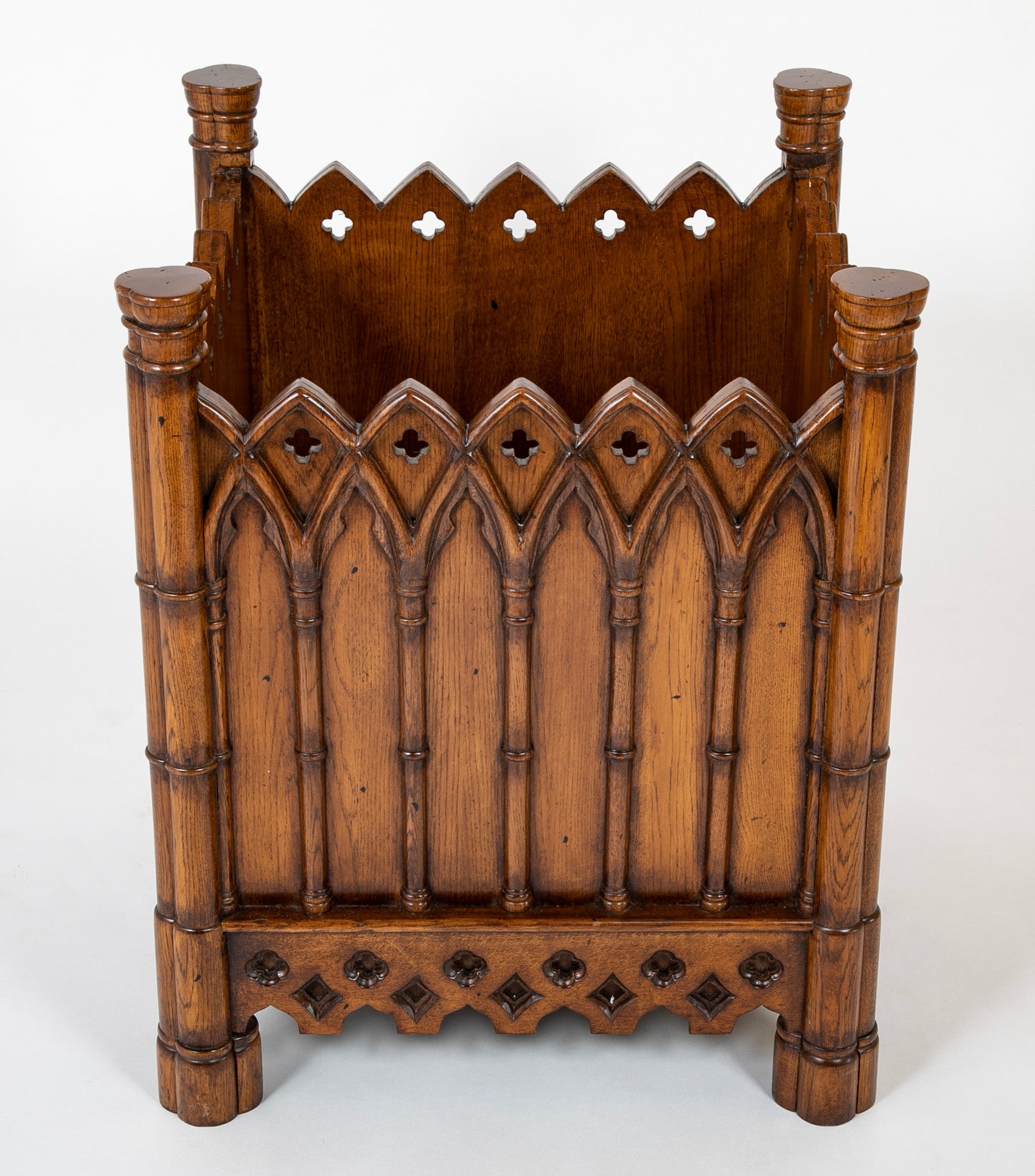 Lined Gothic Style Carved Oak Planter or Waste Basket