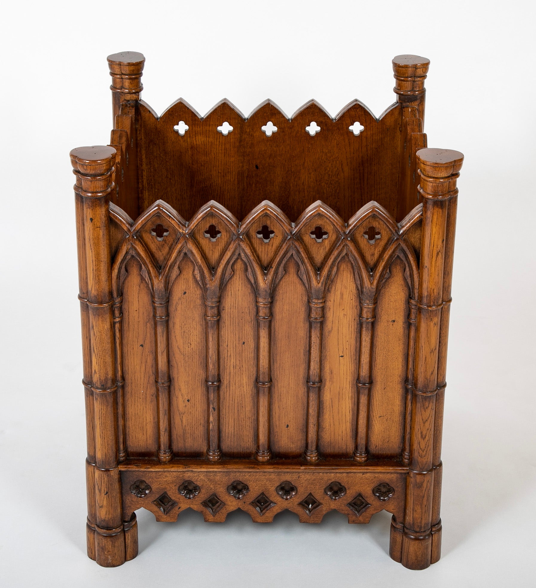 Lined Gothic Style Carved Oak Planter or Waste Basket