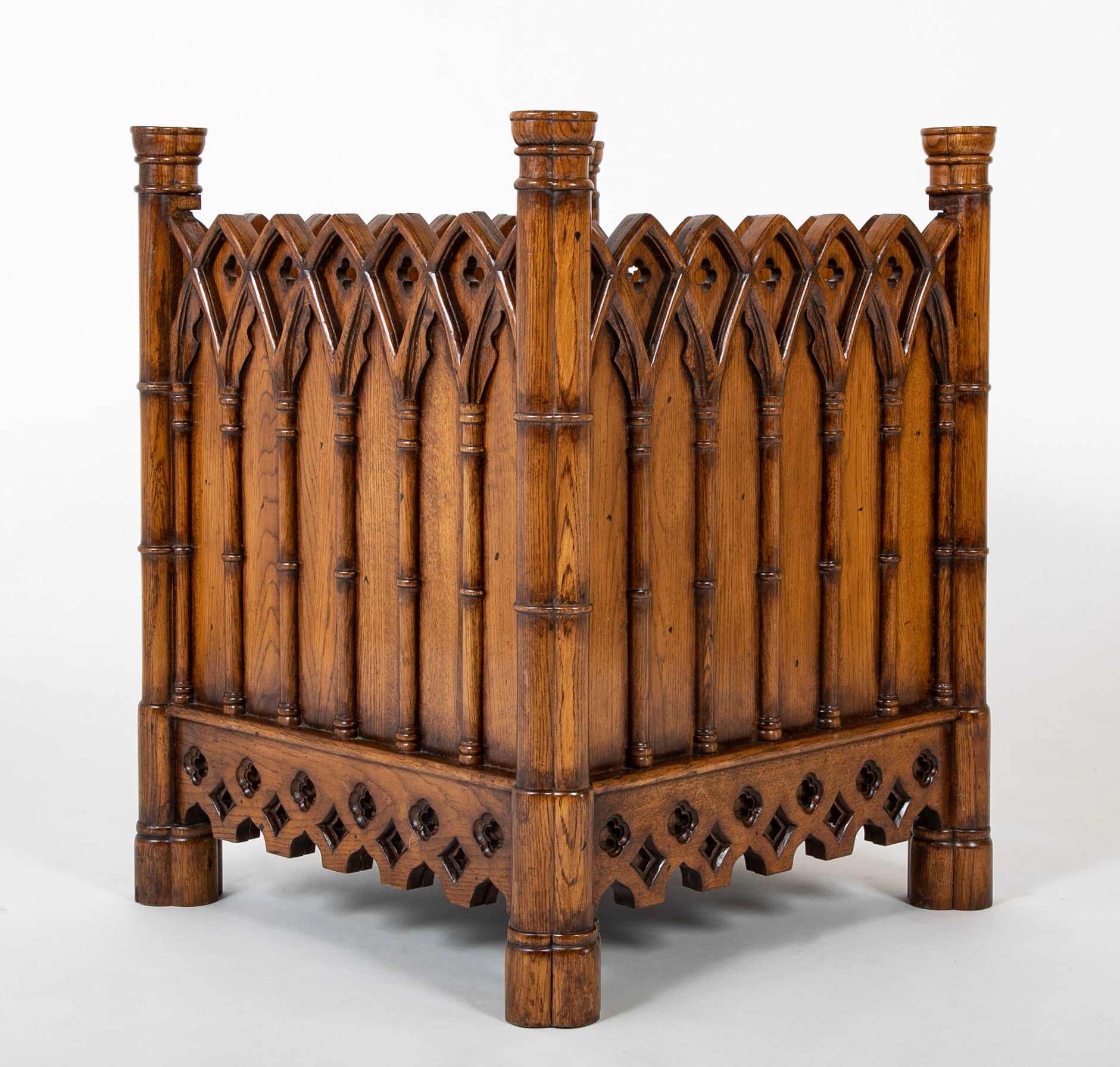 Lined Gothic Style Carved Oak Planter or Waste Basket