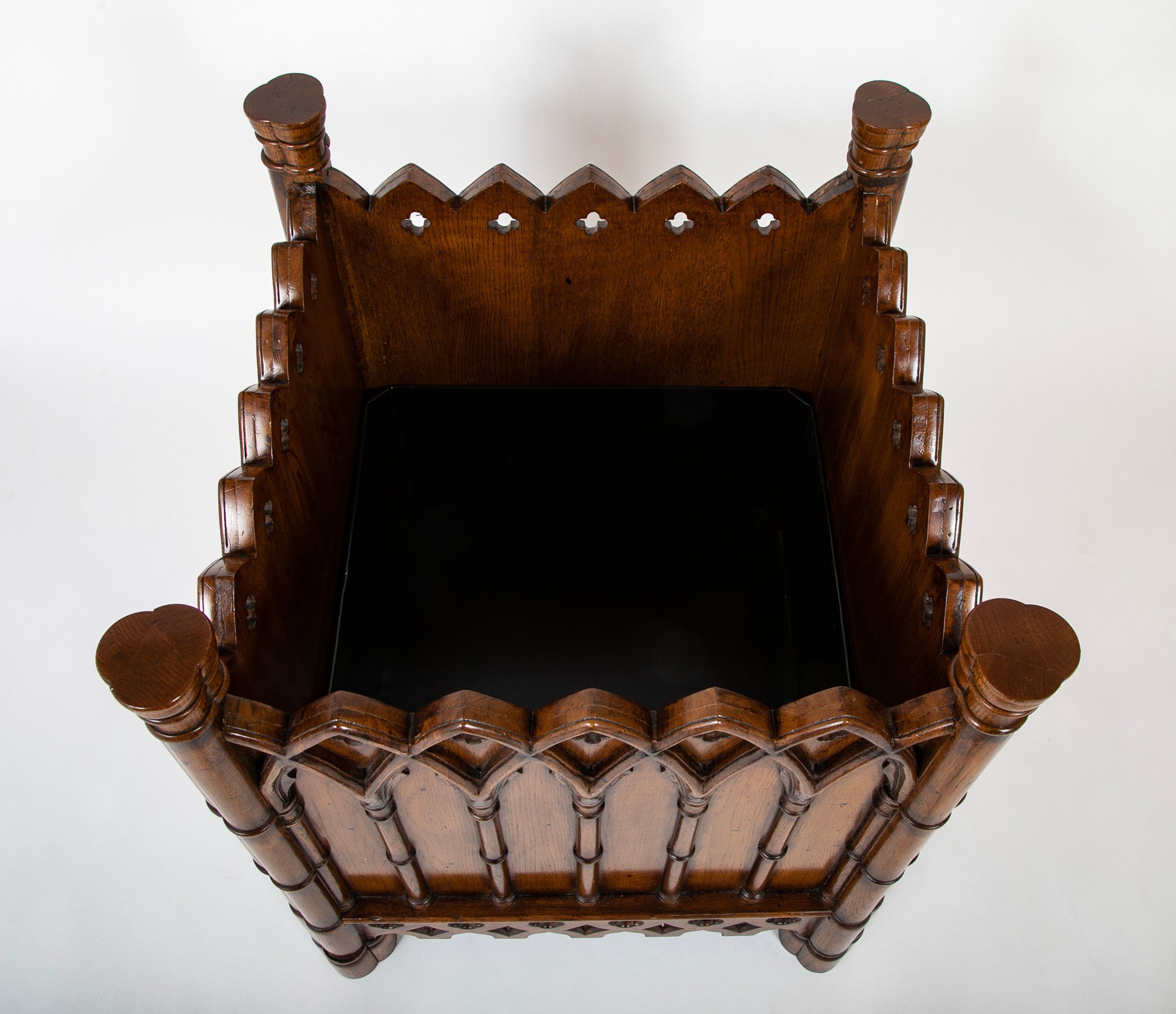 Lined Gothic Style Carved Oak Planter or Waste Basket