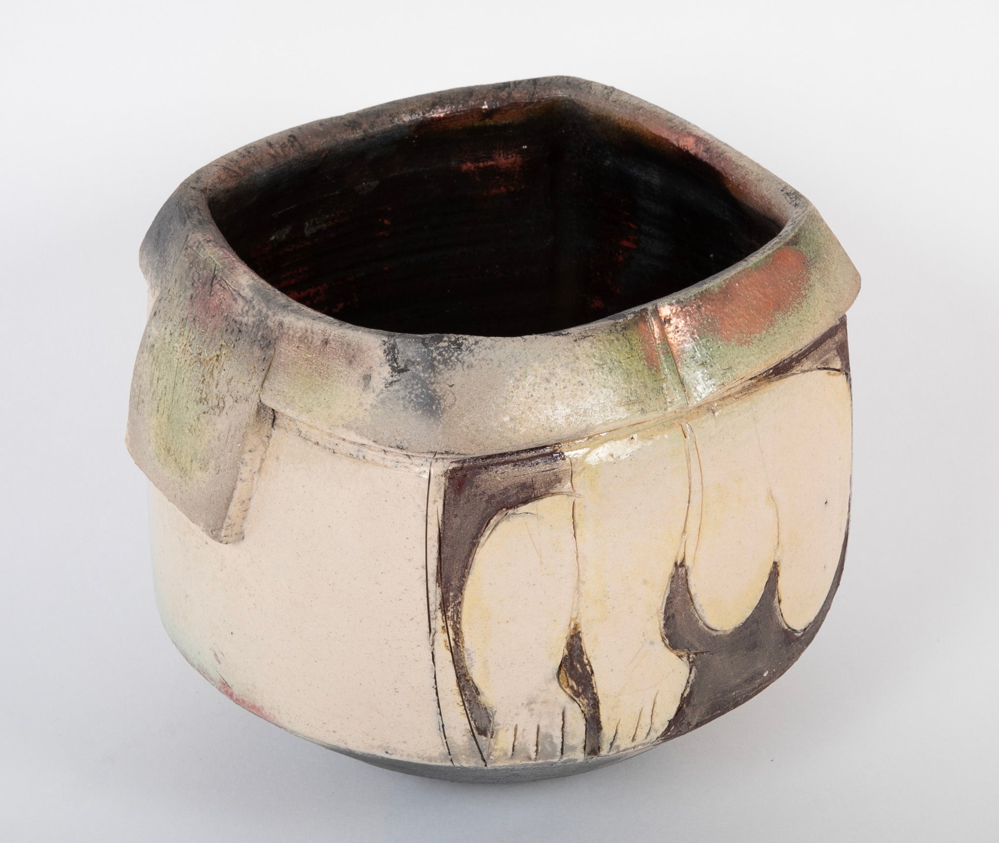 Eric Astoul Four Sided Stoneware Pot with Enamel and Irridescent Glaze