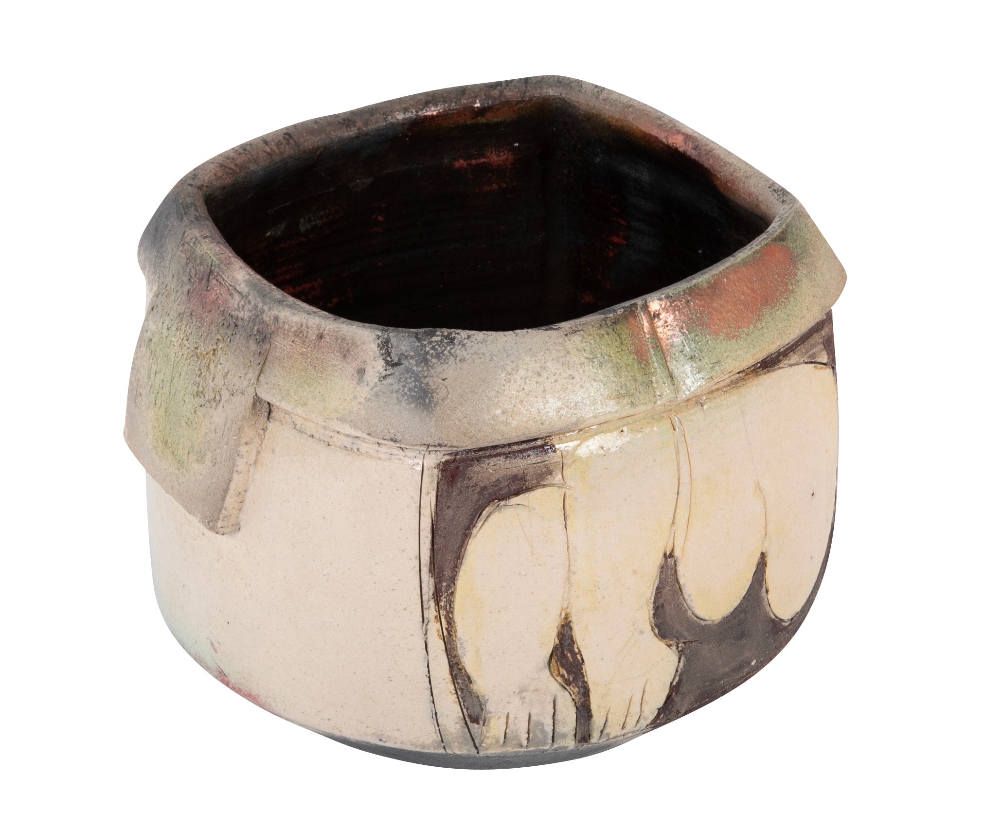 Eric Astoul Four Sided Stoneware Pot with Enamel and Irridescent Glaze