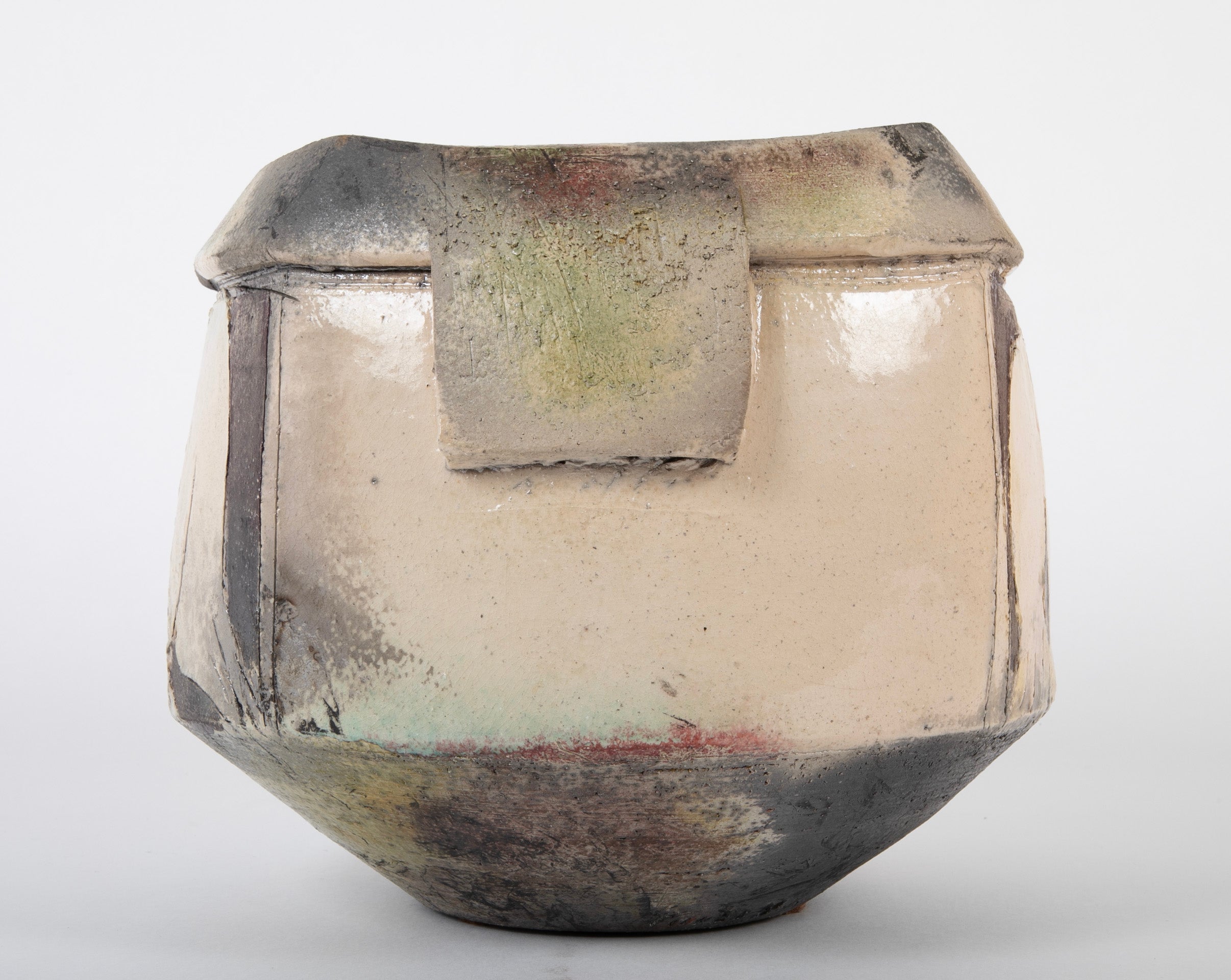 Eric Astoul Four Sided Stoneware Pot with Enamel and Irridescent Glaze