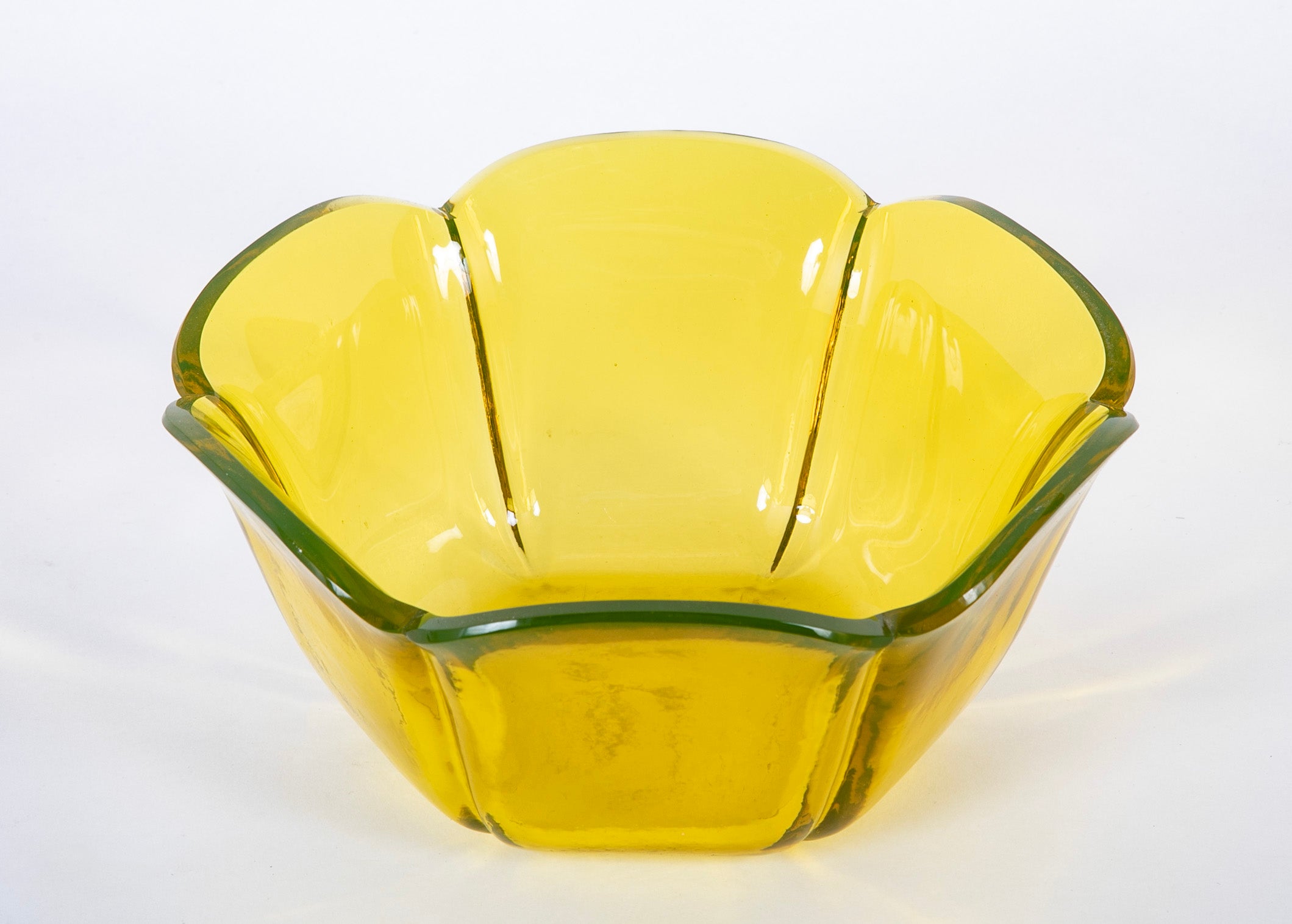 A Hexagonal Bristol Yellow Scallop Edge Glass Bowl