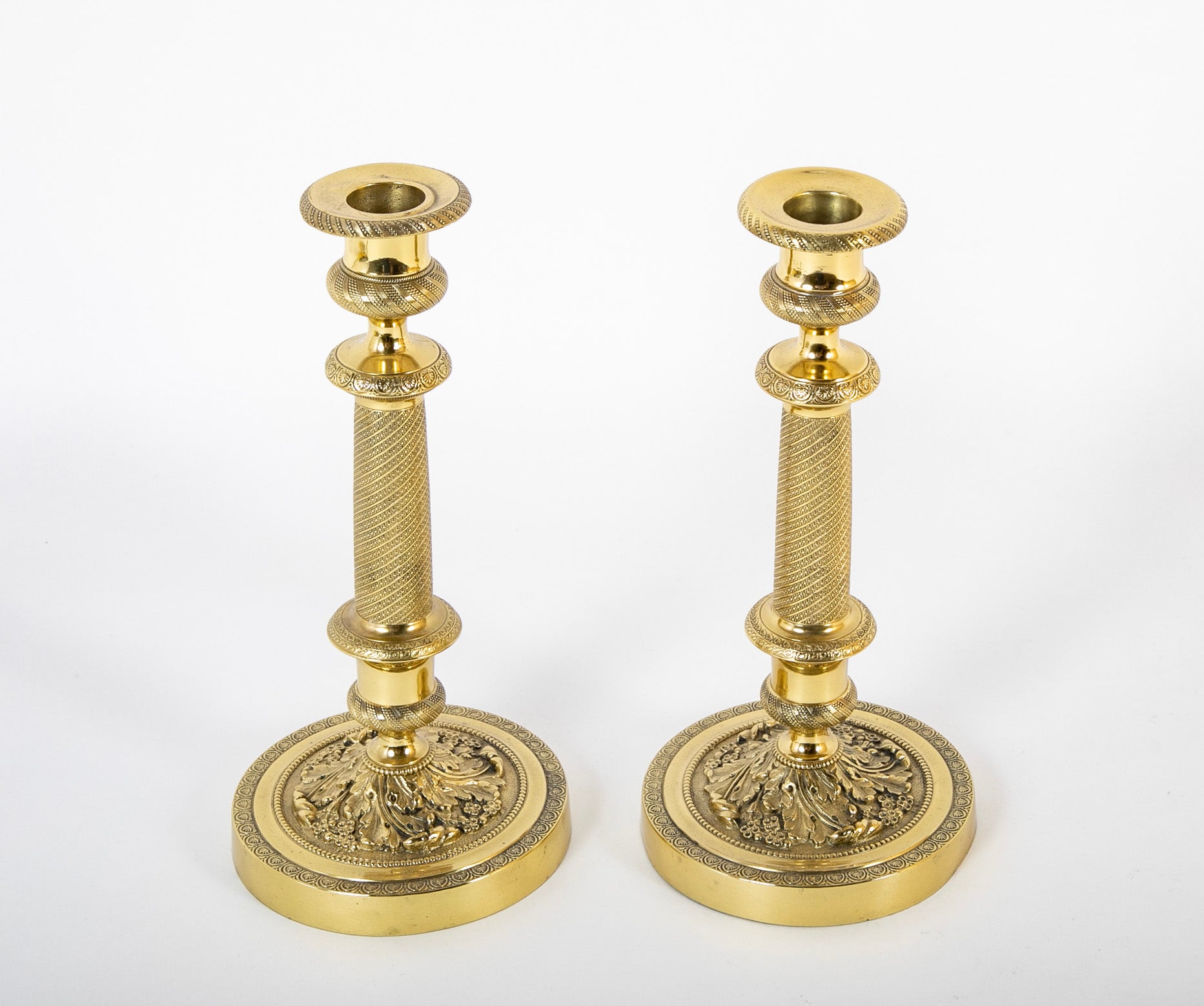 Pair of French Restauration Brass Candlesticks with Swirled Acanthus Leaves & Flowers