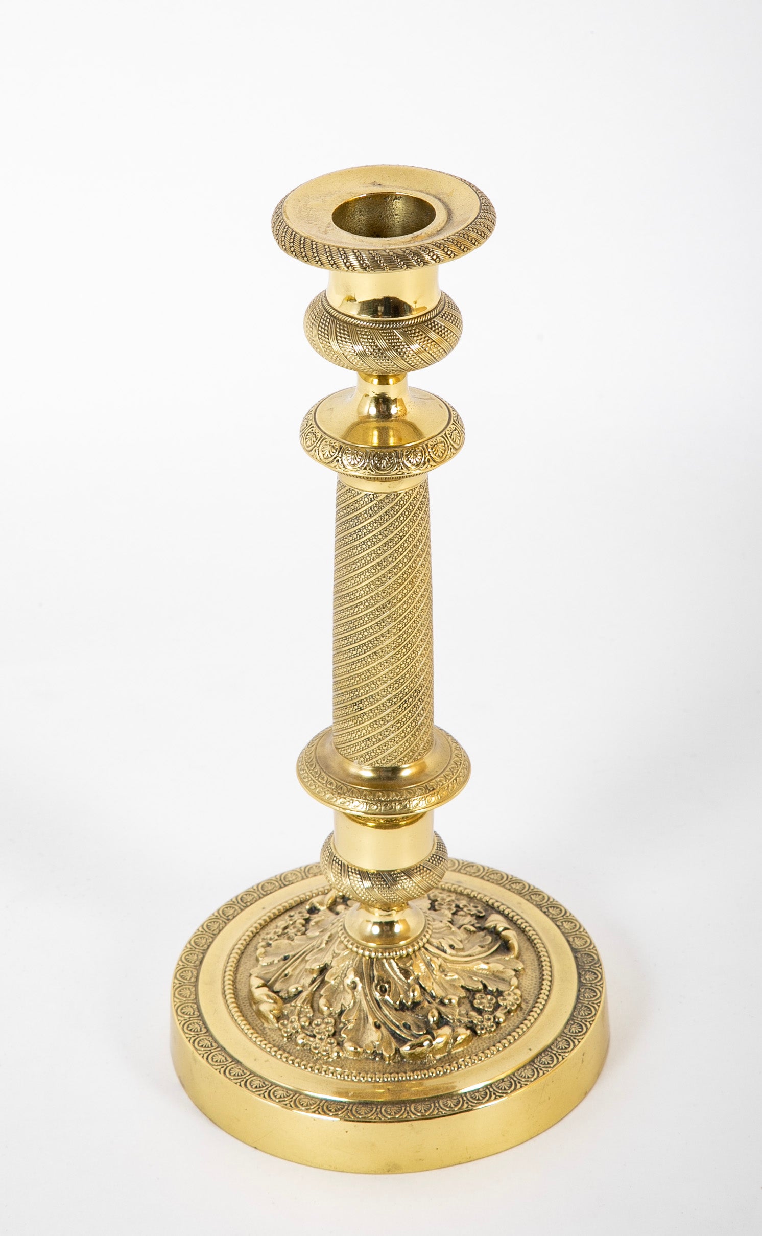 Pair of French Restauration Brass Candlesticks with Swirled Acanthus Leaves & Flowers
