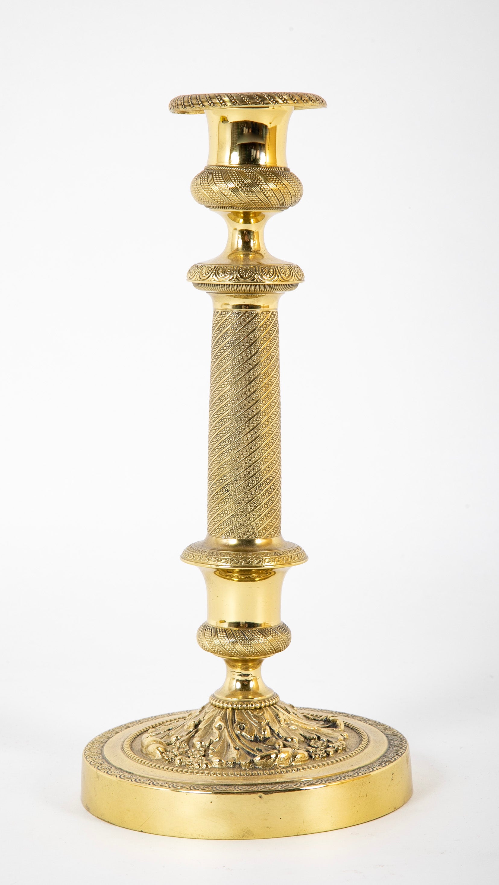 Pair of French Restauration Brass Candlesticks with Swirled Acanthus Leaves & Flowers