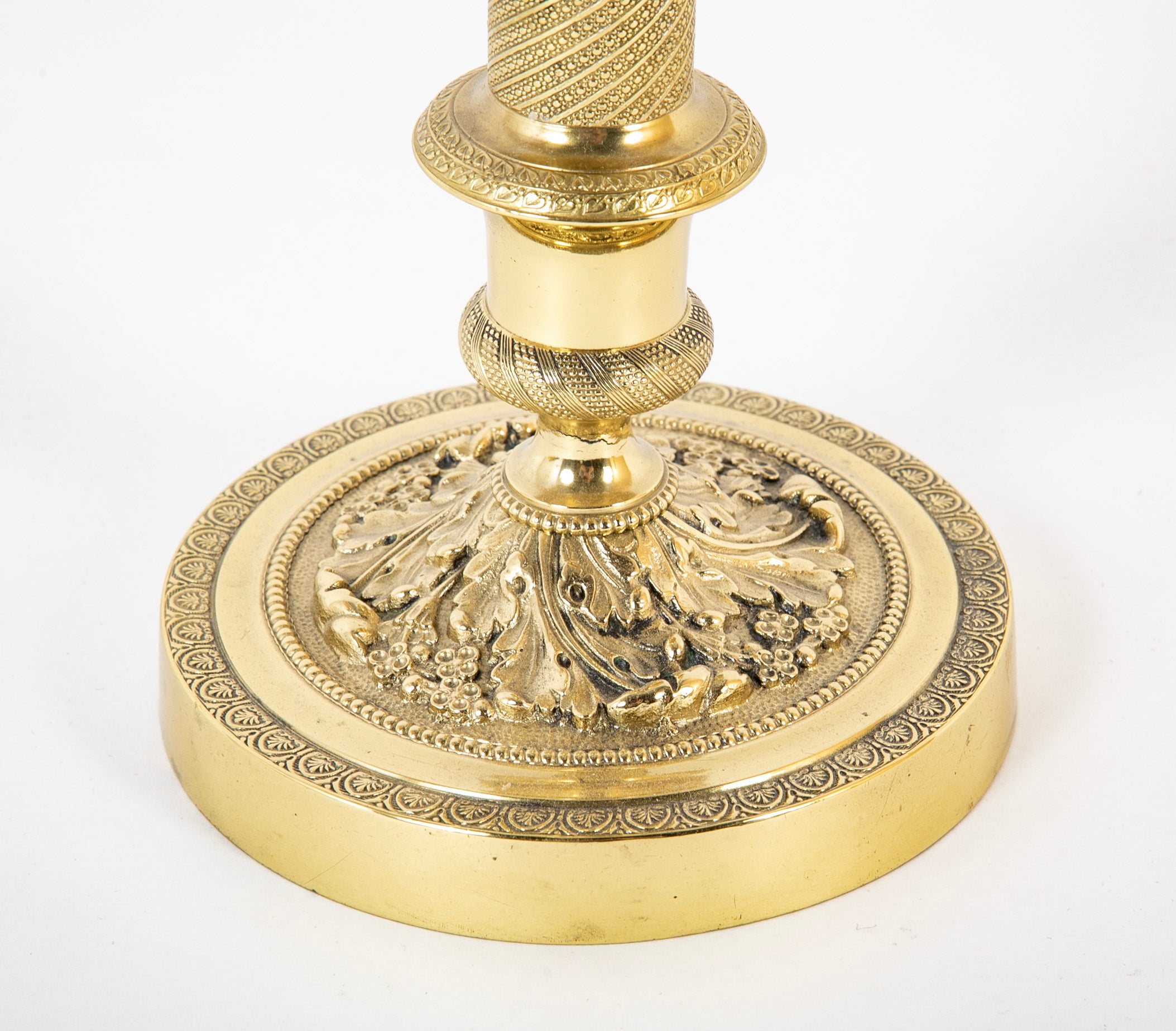 Pair of French Restauration Brass Candlesticks with Swirled Acanthus Leaves & Flowers